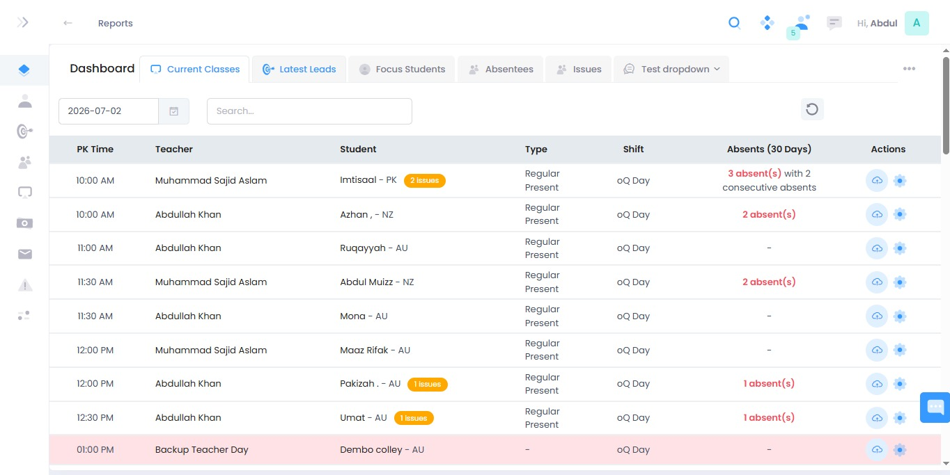 iTeach reports dashboard showing today's classes, teachers, students and attendance